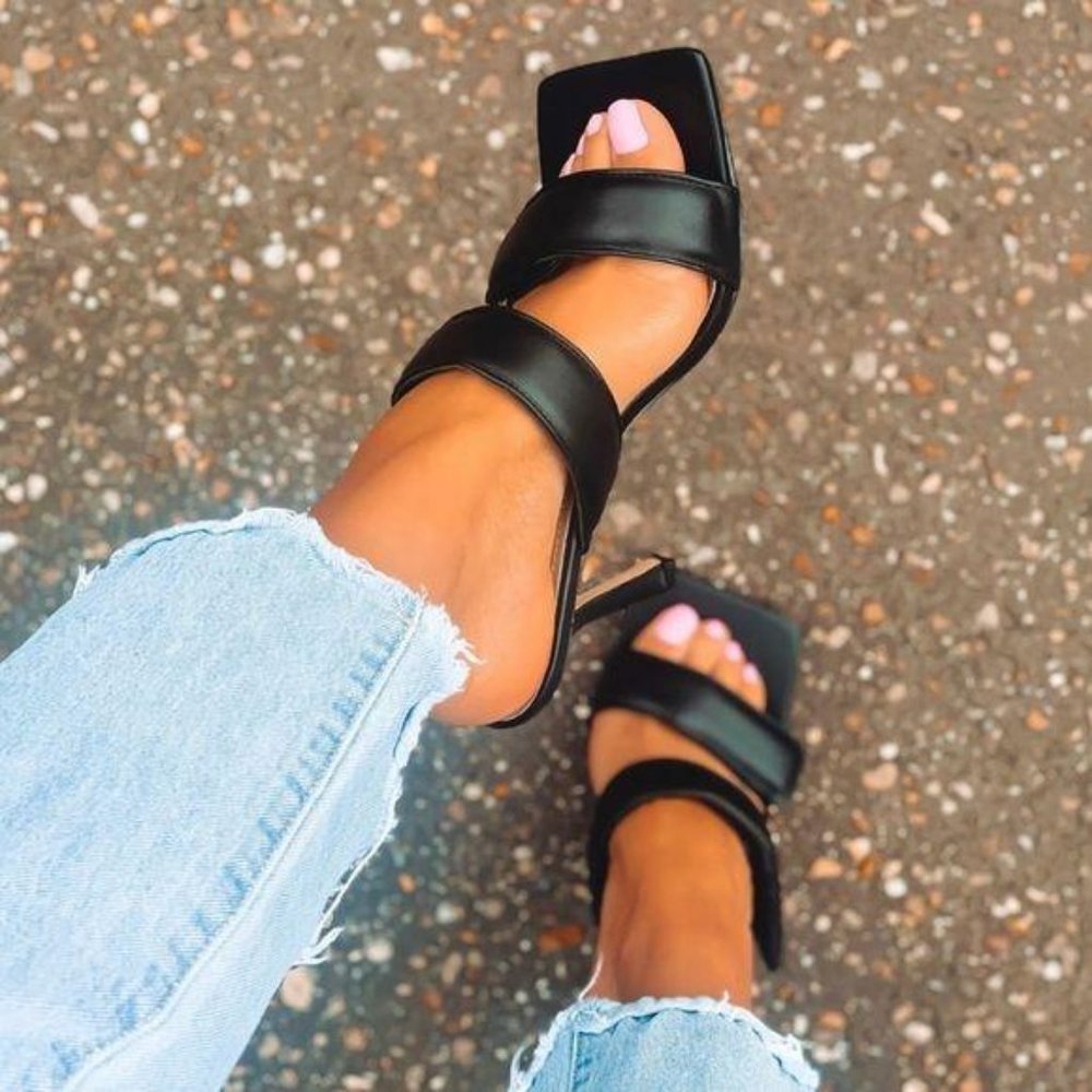 Padded Velcro Square Toe Mules in Black - Picture 3 of 10